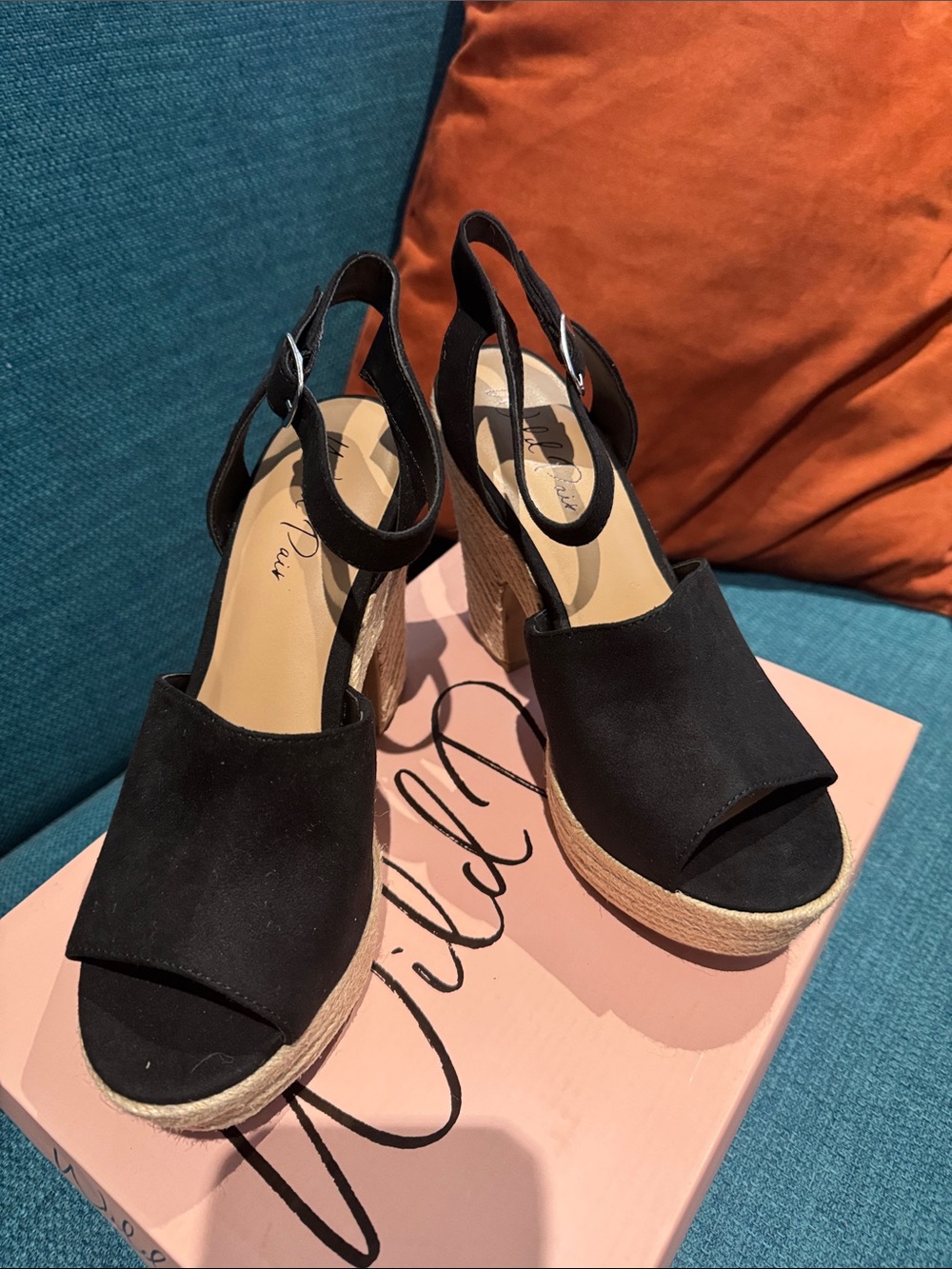 Wild Pair Black Espadrille Wedge Slingback Sandals